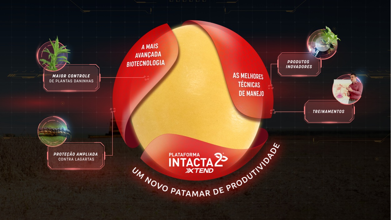 Imagem mostra um grão amarelo envolto por faixas vermelhas com textos sobre biotecnologia e manejo. Ao redor, ícones destacam controle de plantas daninhas, proteção contra lagartas, produtos e treinamentos.