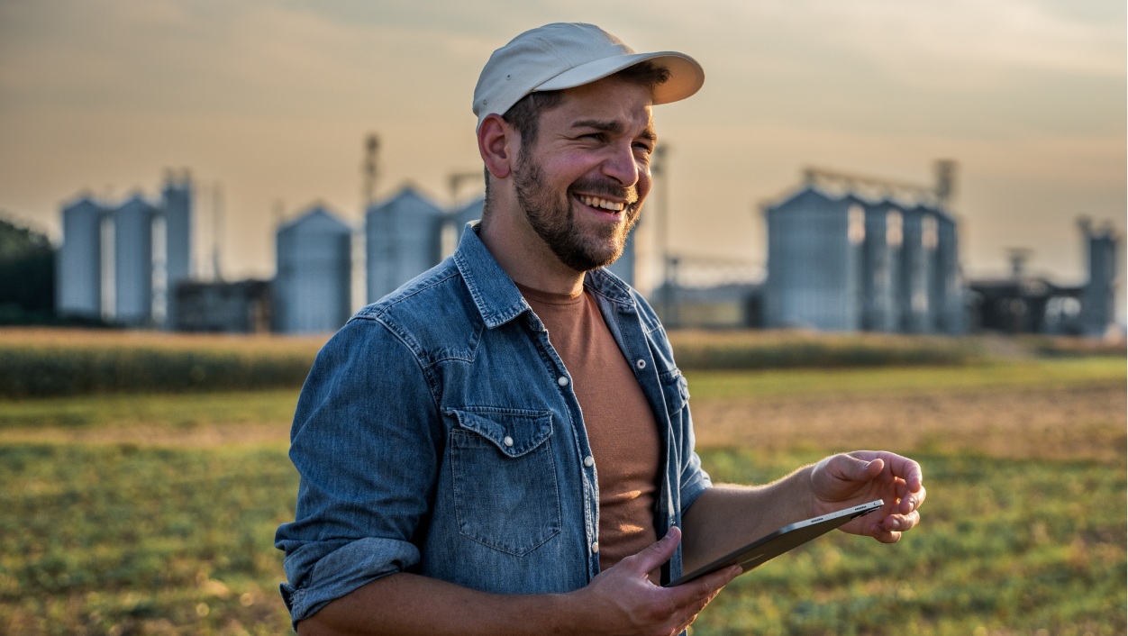 fazendeiro com boné sorrindo com tablet na mão, campo e silos atrás dele desfocado